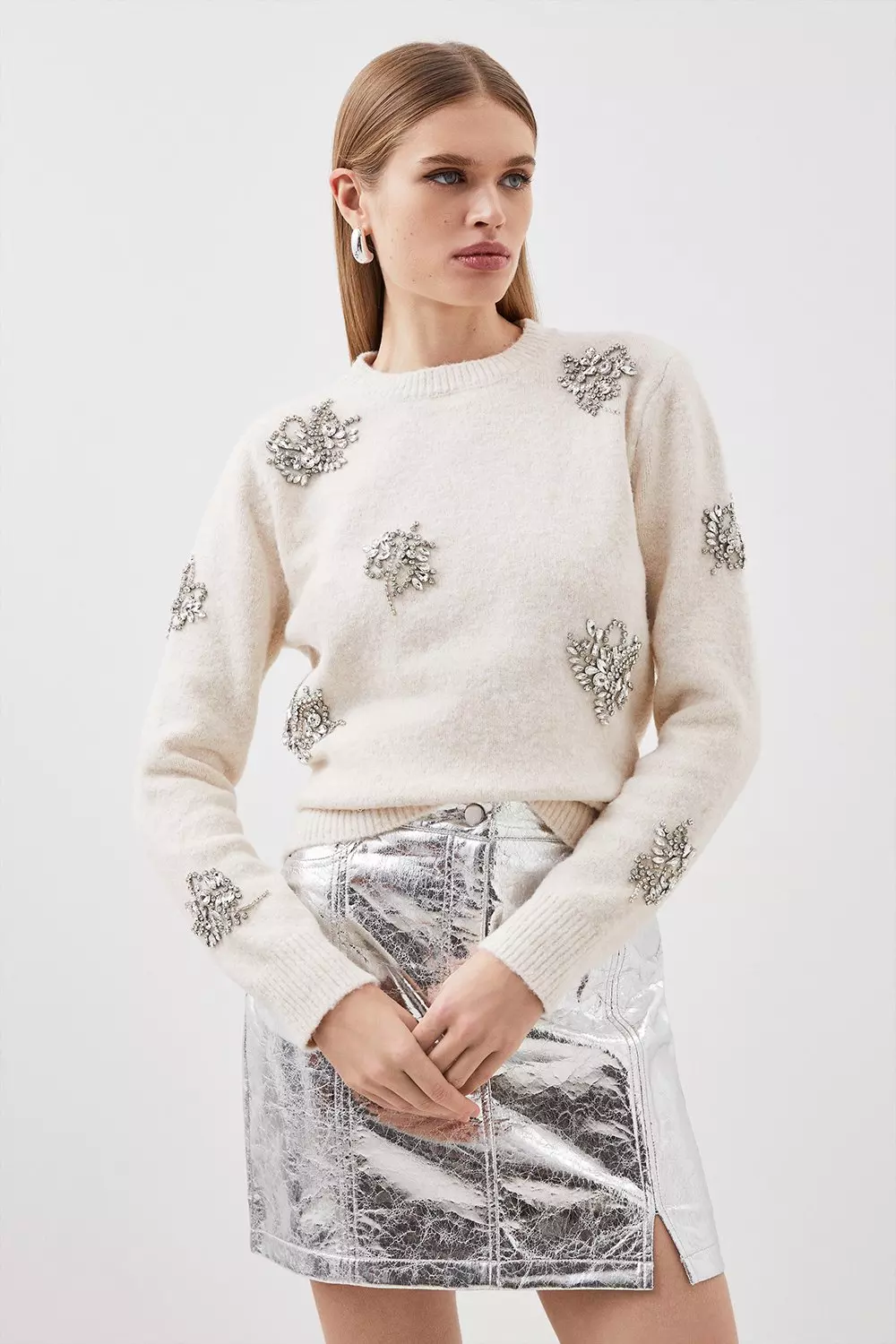 Ivory Wool Blend Embellished Cosy Knit Jumper alternative image