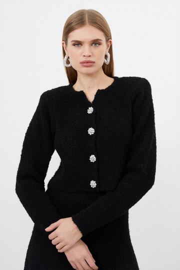 Black Boucle Knit Embellished Button Up Jacket