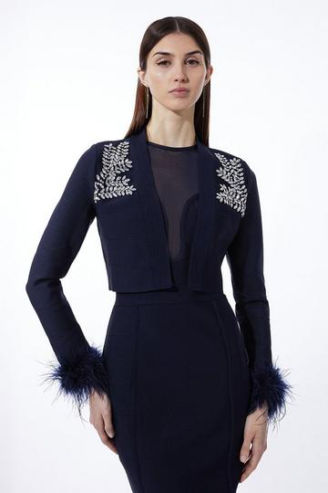 Figure Form Bandage Embellished Feather Cuff Crop Knit Jacket navy