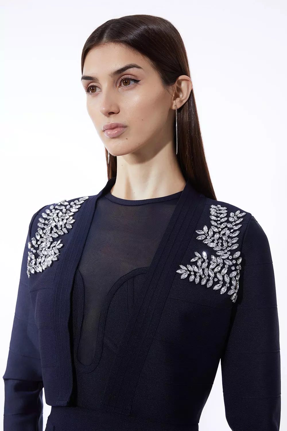 Figure Form Bandage Embellished Feather Cuff Crop Knit