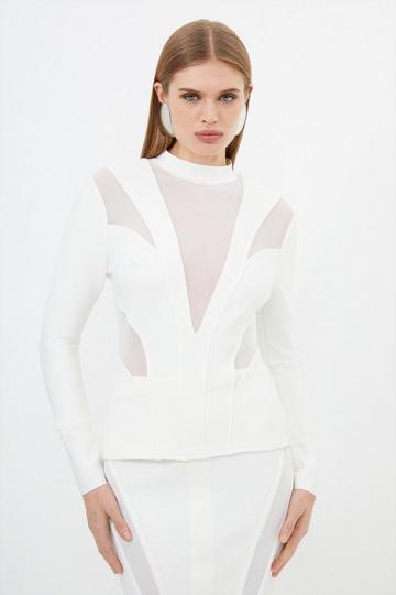 Cream White Figure Form Bandage Mesh Detail Knit Top