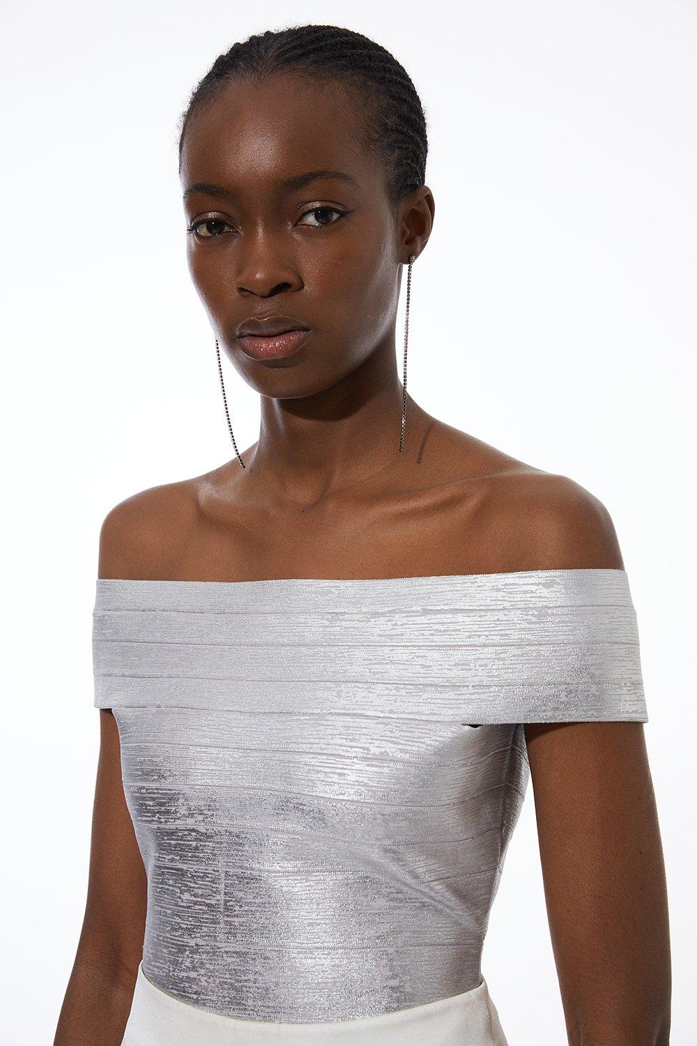 Silver Figure Form Foiled Bandage Bardot Knit Top