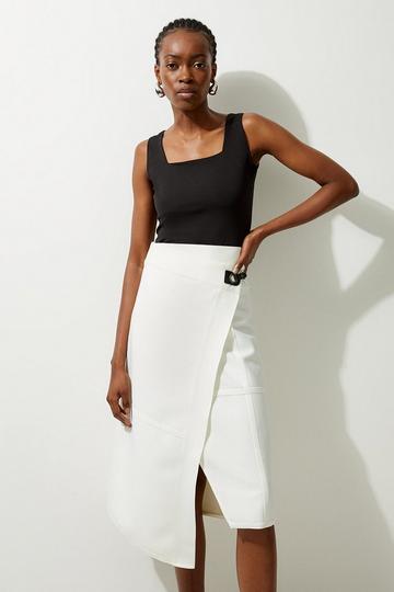 Figure Form Bandage Knit Asymmetric Midi Skirt cream