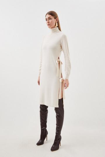 Cashmere Wool Funnel Neck Bow Detail Knit Tunic cream