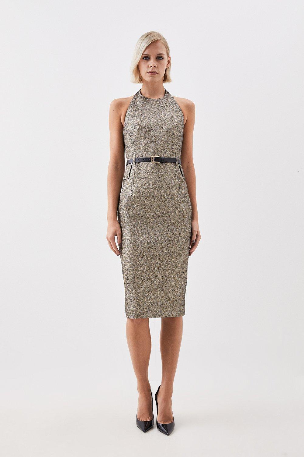 The Founder Tailored Metallic Jacquard Halter Neck Belted Midi Dress | Karen Millen