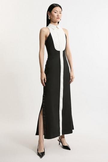 Tailored Compact Stretch Tuxedo Halter Neck Maxi Dress mono