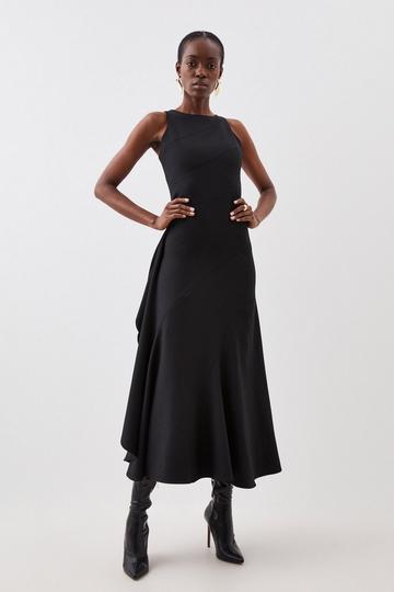 Tailored Compact Stretch Panelled Frill Skirt Maxi Dress black