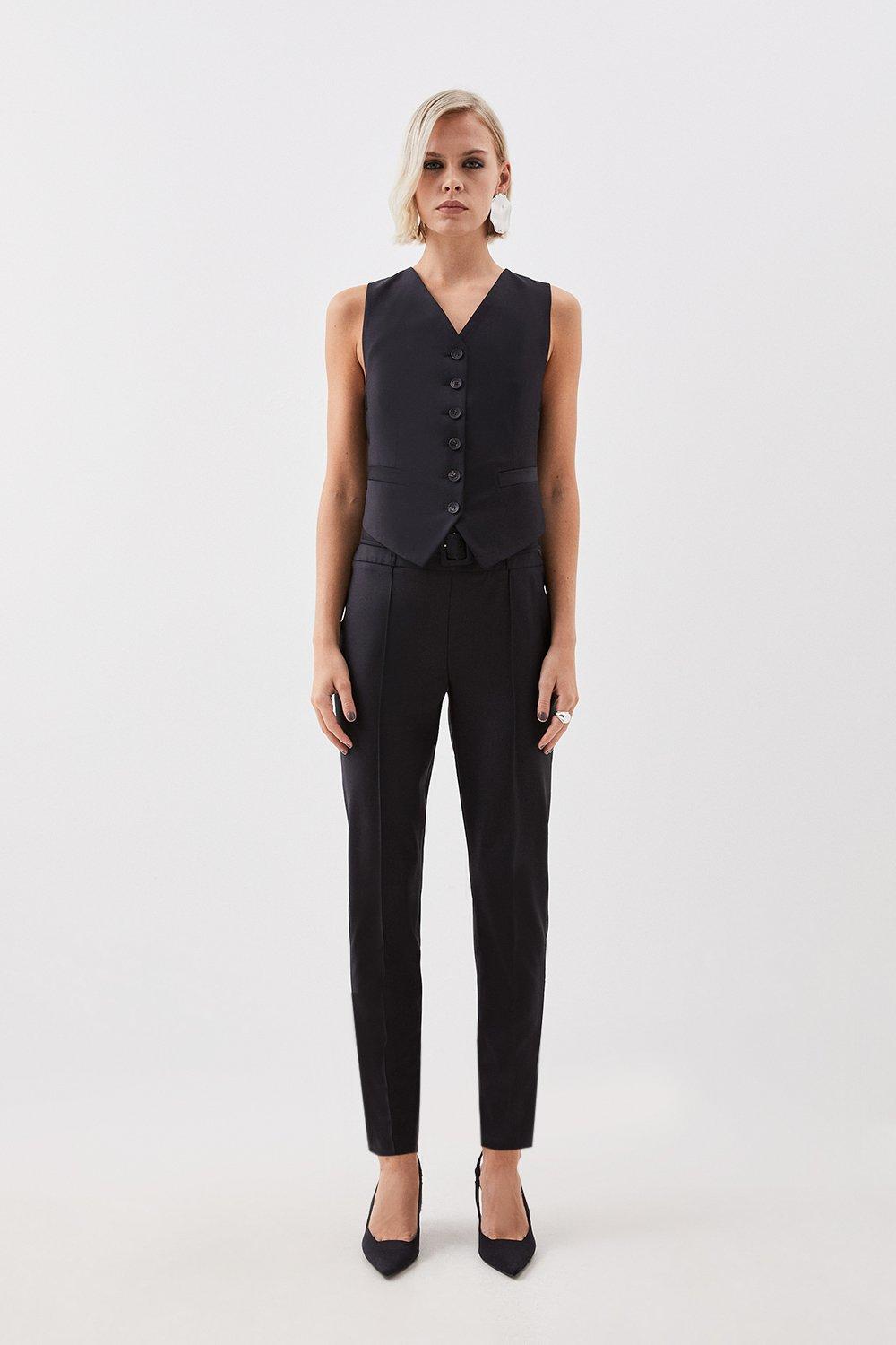 Black The Founder Tailored Wool Blend High Waist Belted Slim Leg Pants