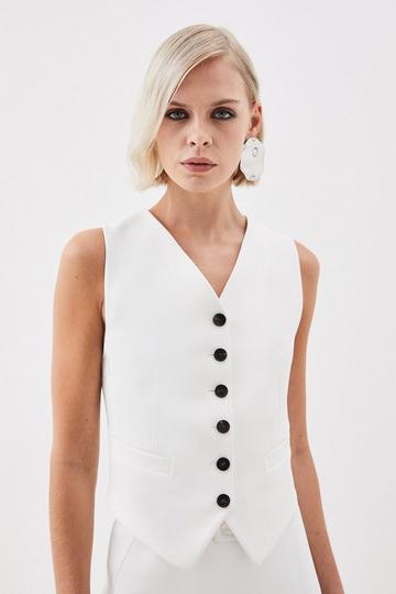 The Founder Tailored Compact Stretch Tie Detail Vest ivory