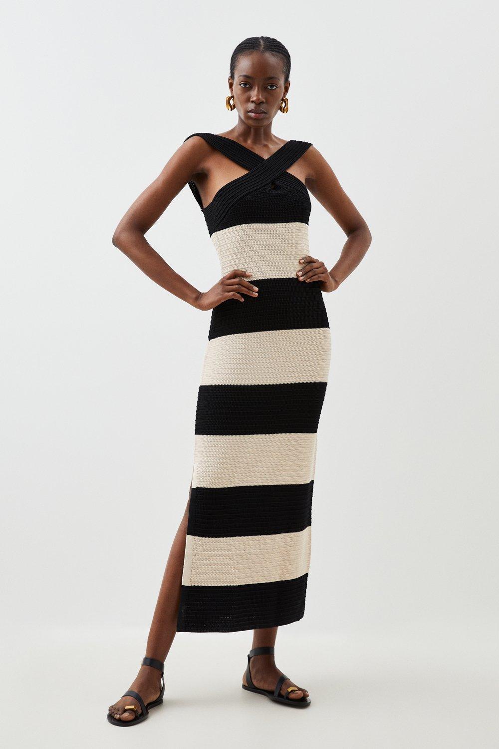 Petite Viscose Striped Cross Front Knit Midi Dress