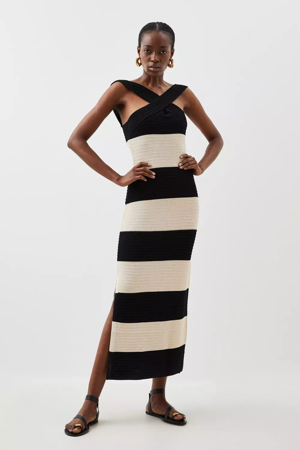 Petite Viscose Striped Cross Front Knit Midi Dress Karen Millen