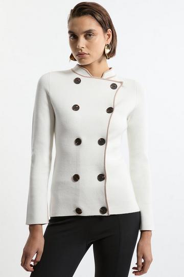 Compact Knit Wool Look Contrast Colour Double Breasted Jacket cream