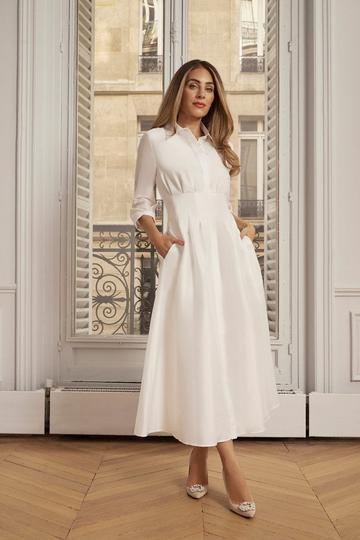 Cream White Lydia Millen Tailored Taffeta Darted Waist Midi Dress