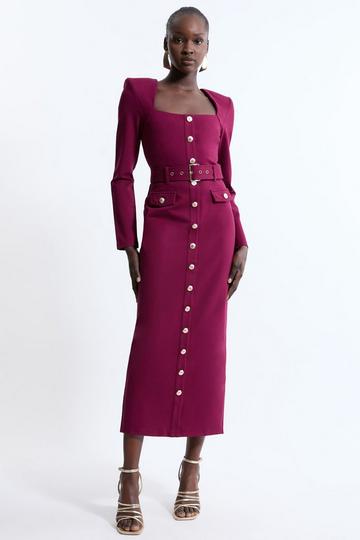 Jersey Ponte Diamante Back Hardwear Long Sleeve Midi Dress plum