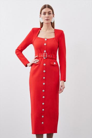 Jersey Ponte Diamante Back Hardwear Long Sleeve Midi Dress red