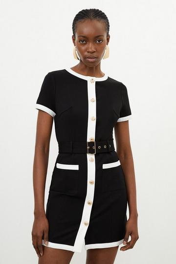 Black Jersey Ponte Belted Hardwear Mini Dress