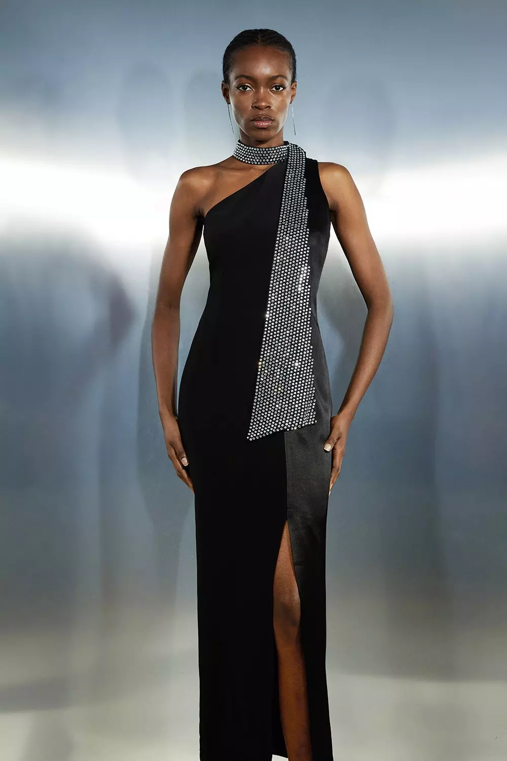 Black Viscose Satin Back Crepe Embellished Tie Detail Midi Dress alternative image