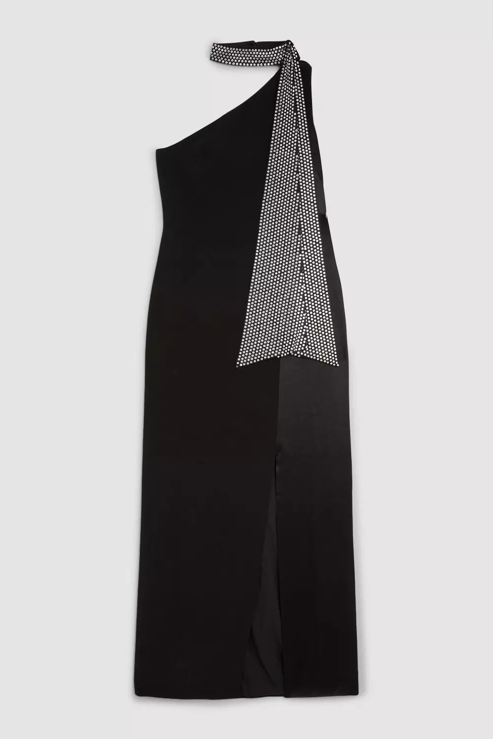 Black Viscose Satin Back Crepe Embellished Tie Detail Midi Dress alternative image