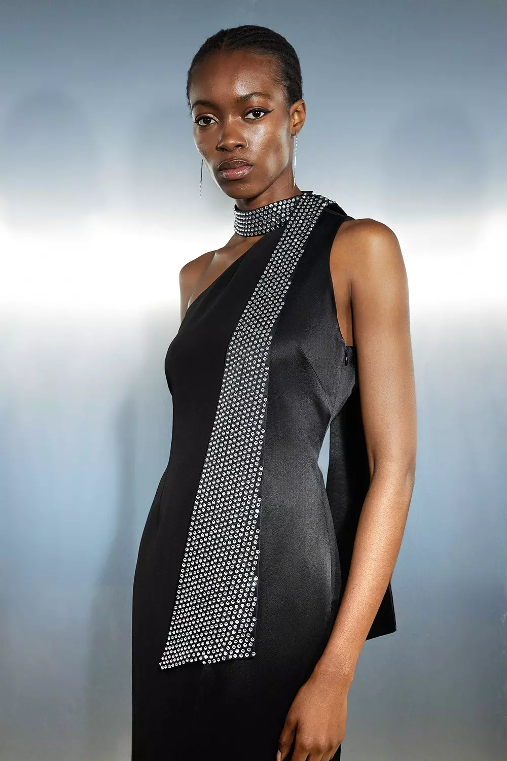 Black Viscose Satin Back Crepe Embellished Tie Detail Midi Dress alternative image