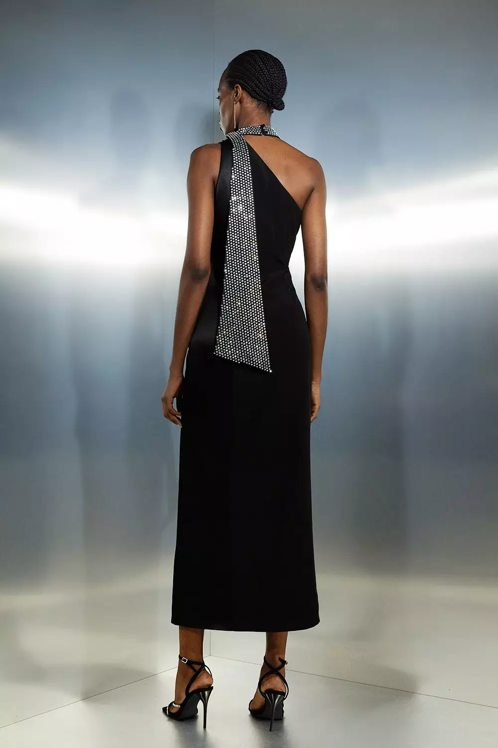 Black Viscose Satin Back Crepe Embellished Tie Detail Midi Dress alternative image
