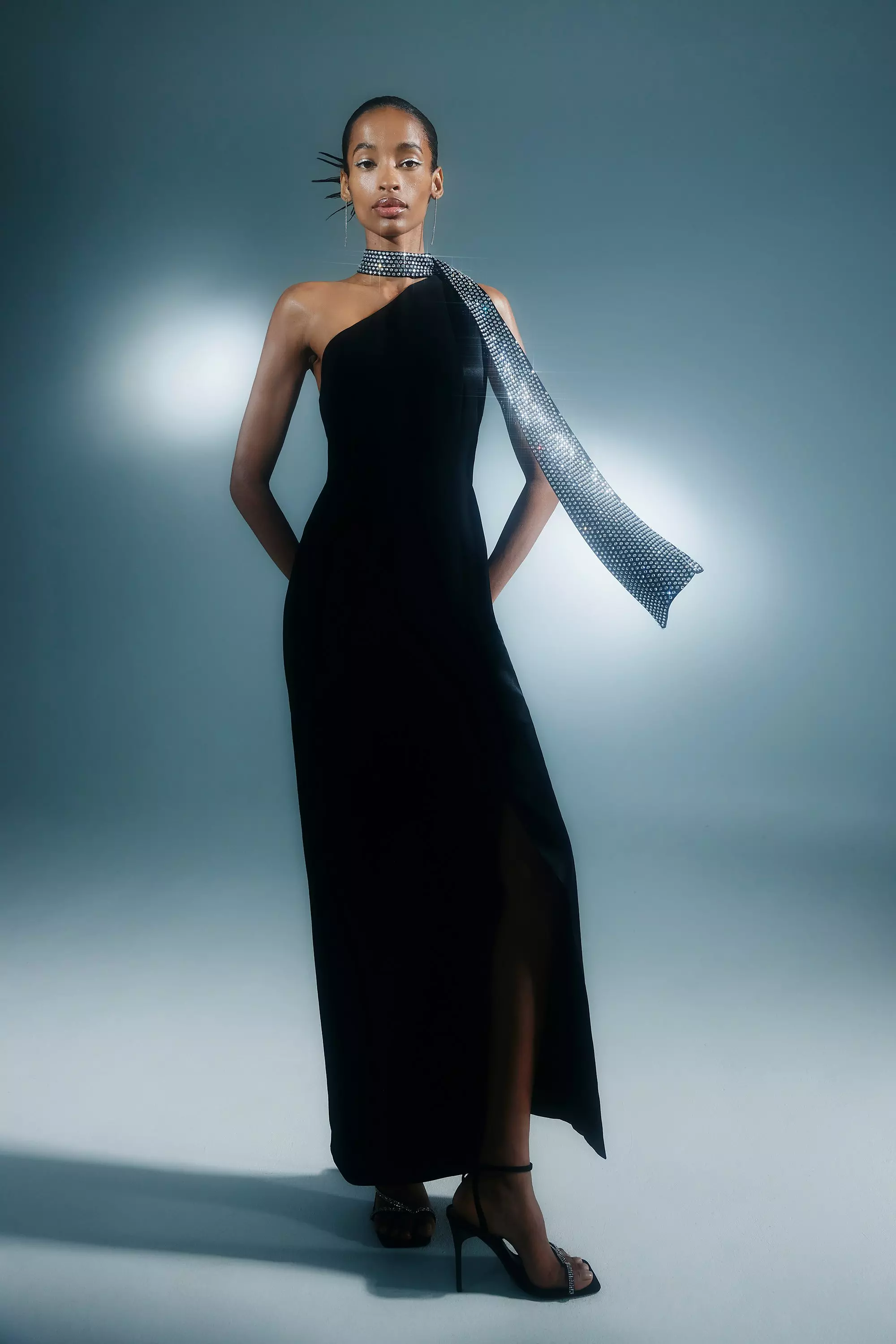 Black Viscose Satin Back Crepe Embellished Tie Detail Midi Dress alternative image