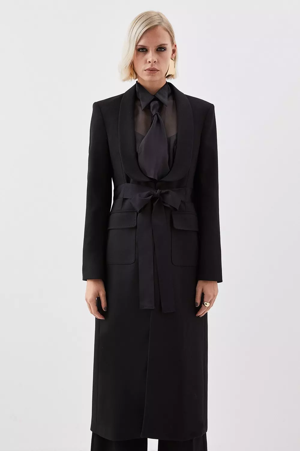 The Founder Premium Twill Tie Waist Detail Maxi Coat Karen Millen