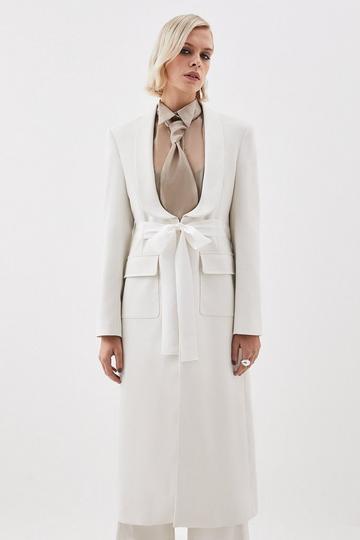 The Founder Premium Twill Tie Waist Detail Maxi Coat ivory