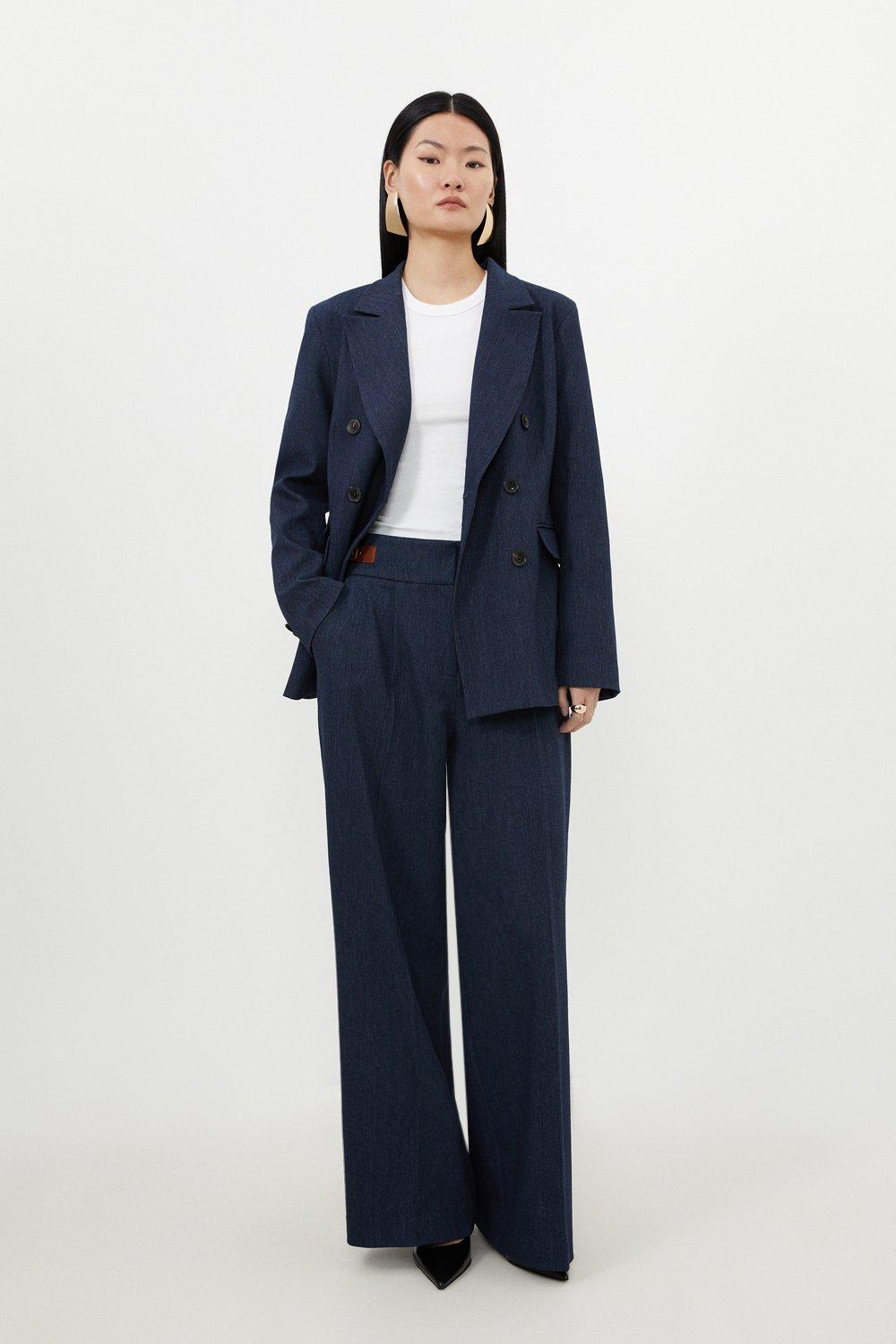 Blue Tailored Denim Tab Detail Wide Leg Trousers