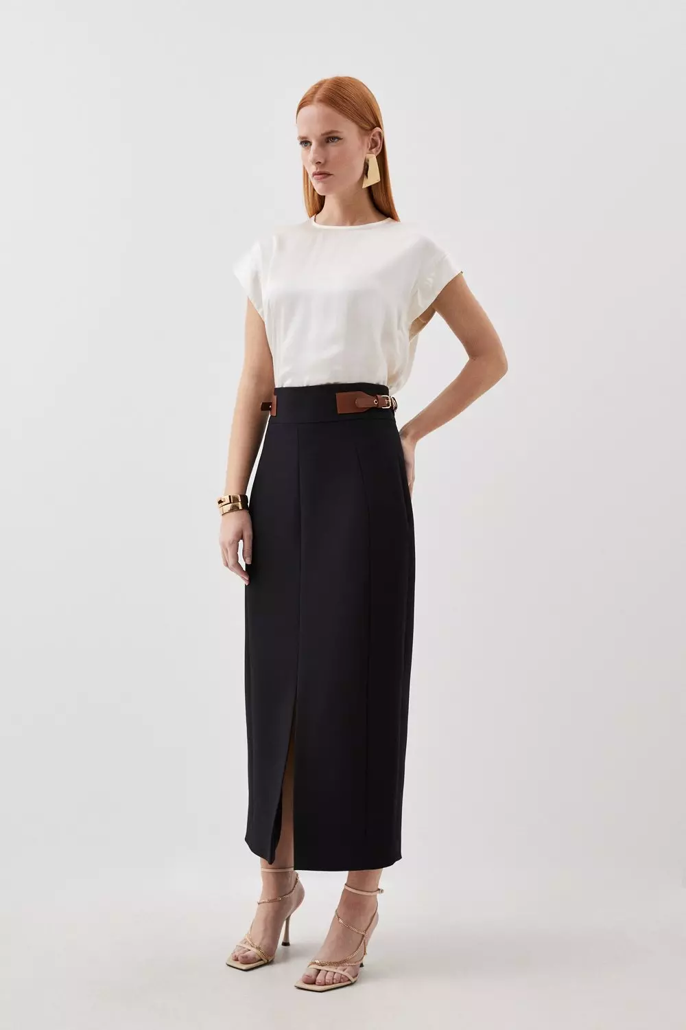Tailored Compact Stretch Tab Detail Midi Skirt Karen Millen