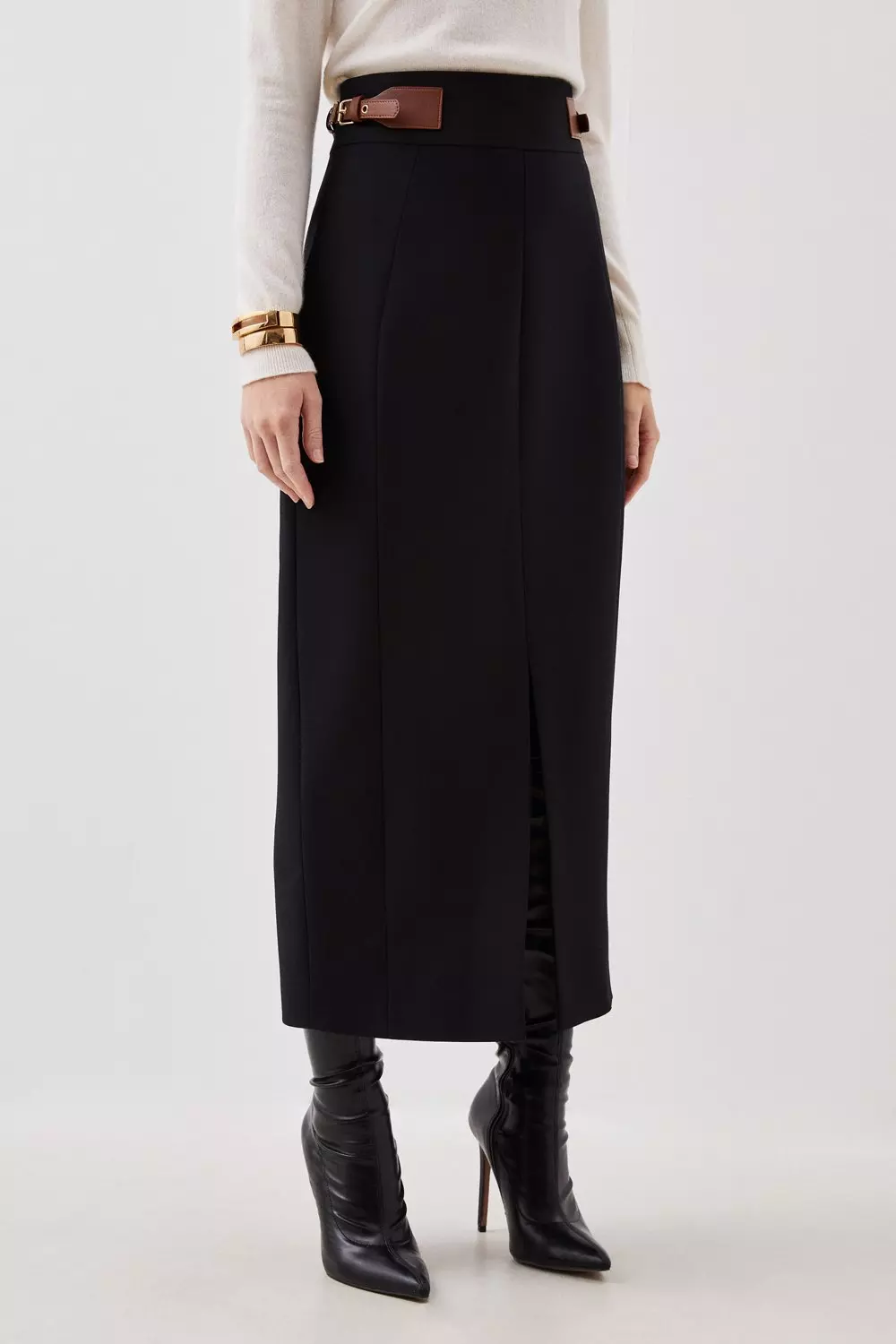 Tailored Compact Stretch Tab Detail Midi Skirt Karen Millen