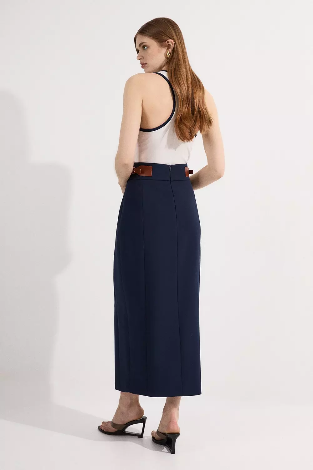 Tailored Compact Stretch Tab Detail Midi Skirt | Karen Millen