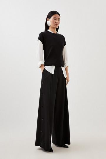 Viscose Linen Tailored Pleated Button Detail Straight Leg Trousers black