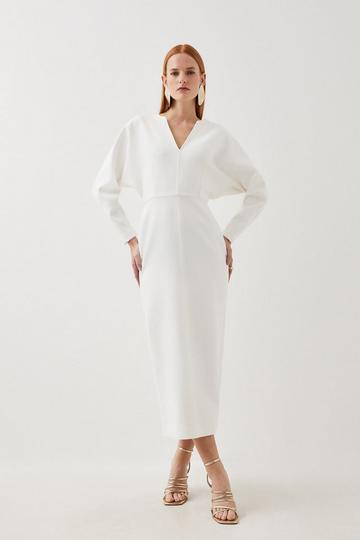 Clean Tailored Seam Detail Rounded Sleeve Midi Dress ivory