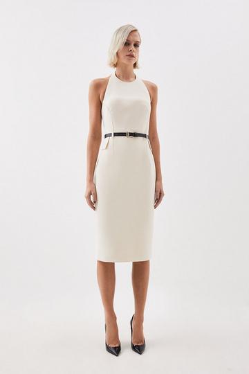 Cream White The Founder Compact Stretch Halter Neck Belted Midi Dress
