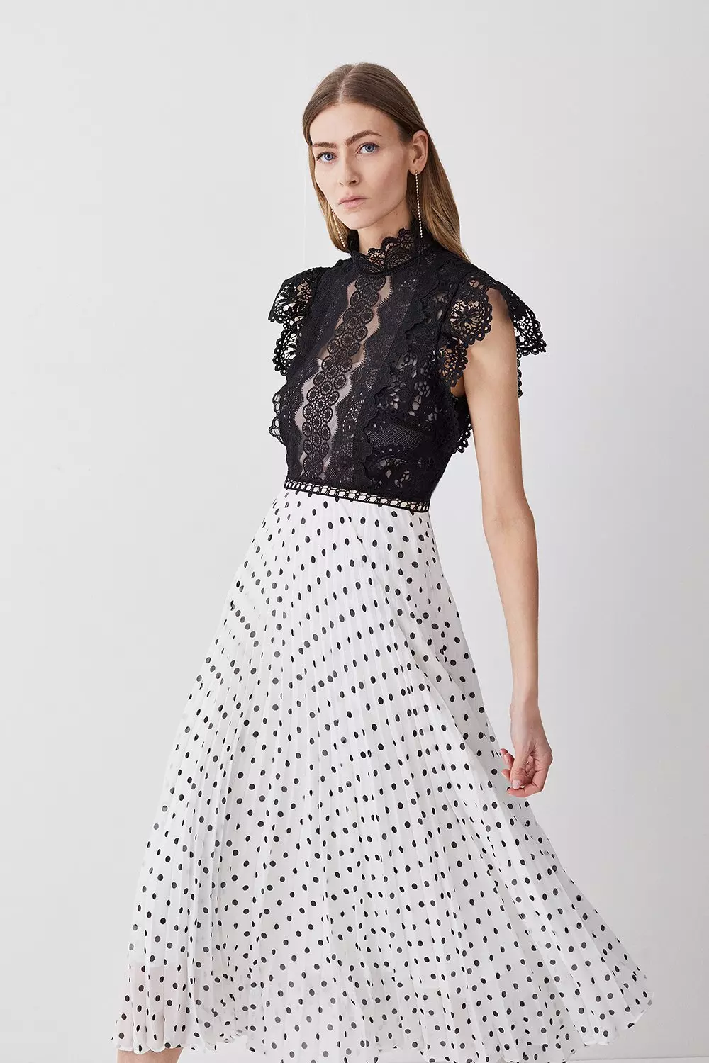 Guipure Lace Dot Pleated Skirt Midi Dress Karen Millen