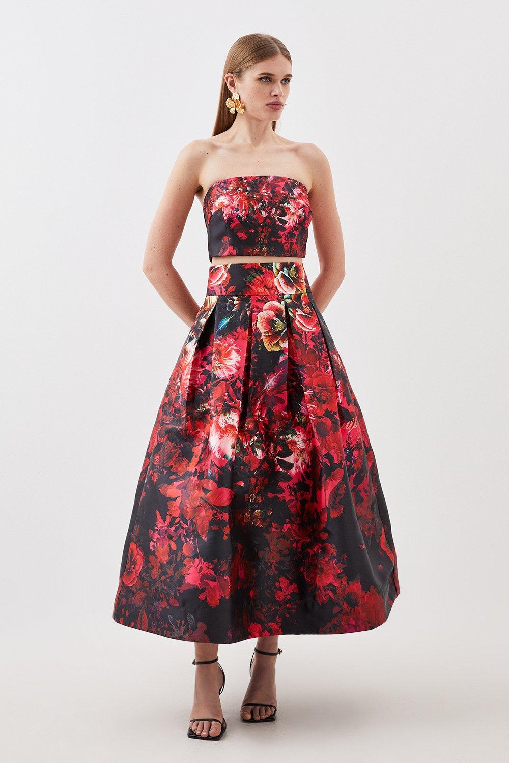 Floral Printed Satin Twill Woven Maxi Prom Skirt