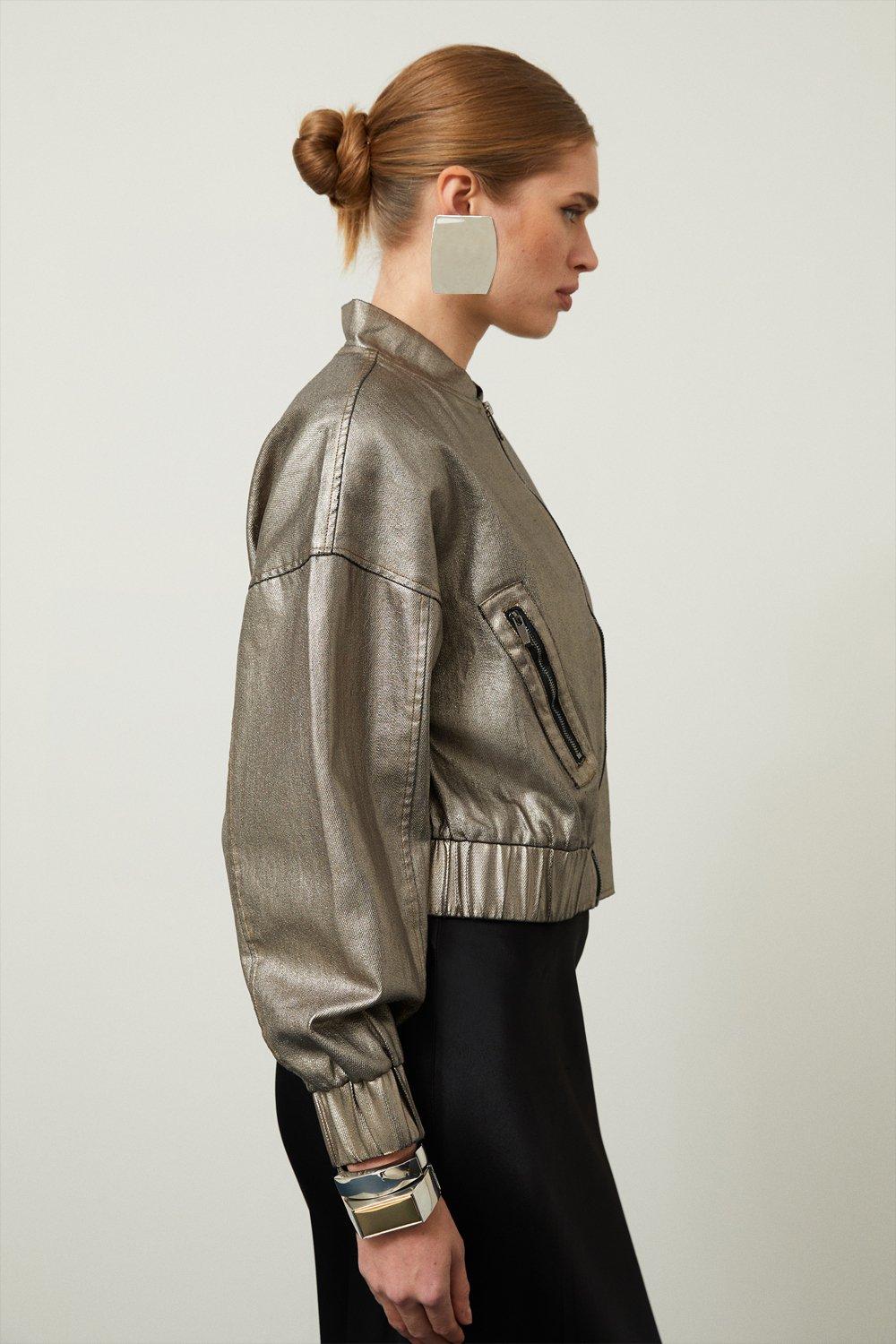 Pewter Metallic Denim Woven Bomber Jacket