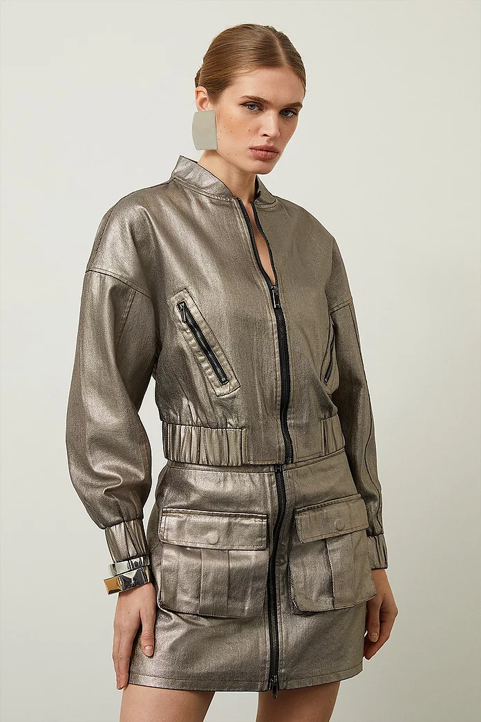Metallic Denim Woven Bomber Jacket | Karen Millen Metallic Denim Woven Bomber Jacket | Karen Millen