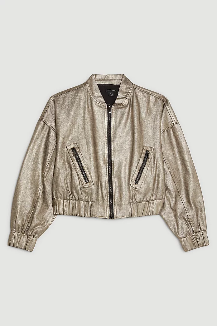 Metallic Denim Woven Bomber Jacket | Karen Millen Metallic Denim Woven Bomber Jacket | Karen Millen