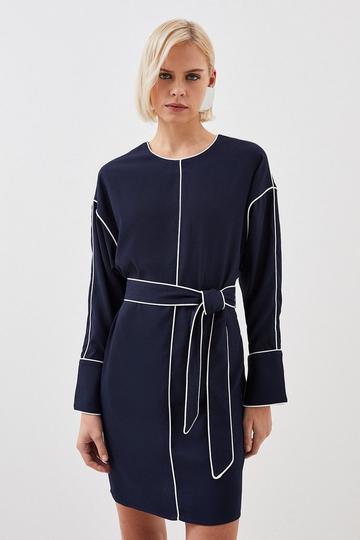 Tall Mono Satin Back Woven Crepe Contrast Piping Mini Dress navy