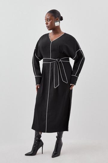 Plus Size Mono Satin Woven Crepe Contrast Piping Maxi Dress black