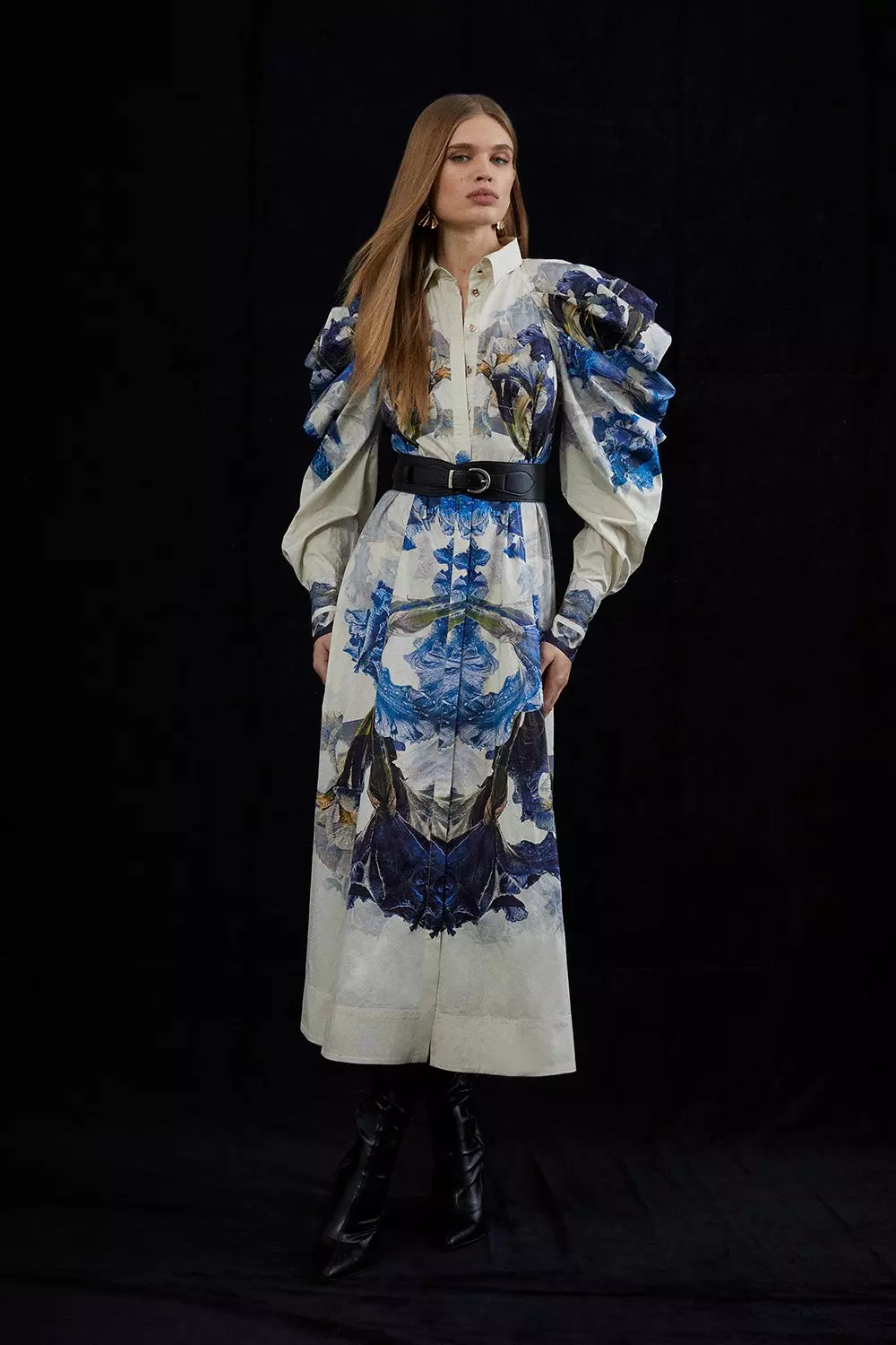 ★Karen Millen★フローラルボーダーシャツウーブンミディドレス Mirrored Floral Cotton Sateen Midi Dress | Karen Millen