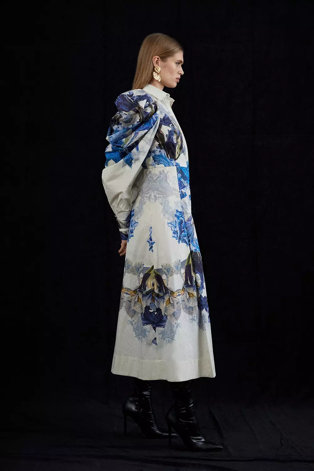 Mirrored Floral Cotton Sateen Midi Dress | Karen Millen