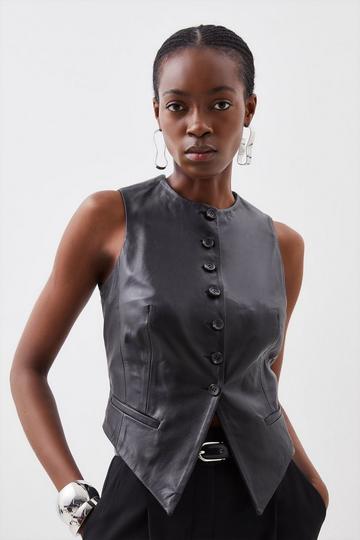 Black Leather Tailored Button Waistcoat