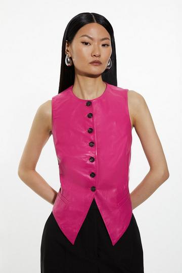 Leather Tailored Button Waistcoat bright pink