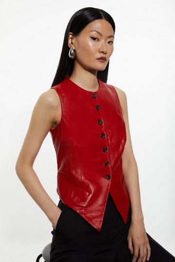 Red Leather Tailored Button Waistcoat
