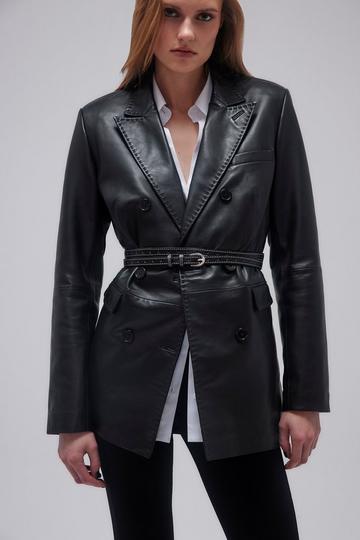 Leather Stab Stitch Double Breasted Blazer black