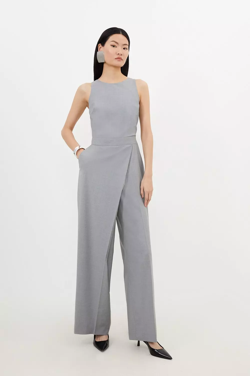 Tailored Wool Blend Wide Leg Wrap Detail Jumpsuit | Karen Millen