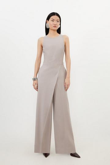 Tailored Wool Blend Wide Leg Wrap Detail Jumpsuit stone