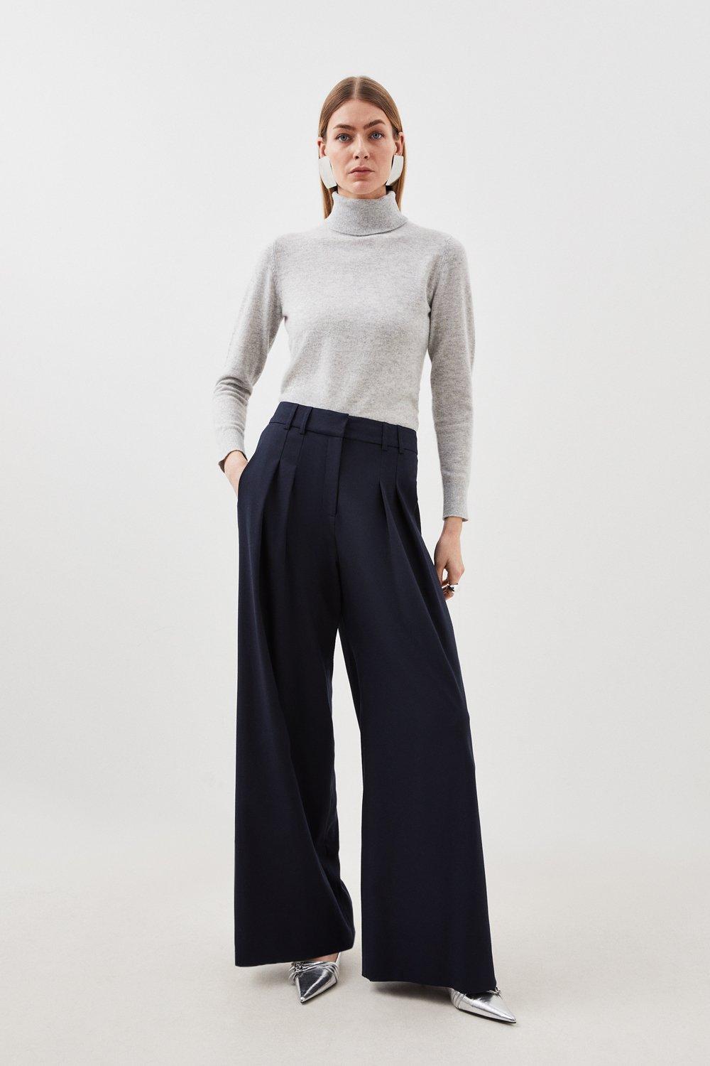 Indigo Tailored Flannel Pleated Straight Leg Pants